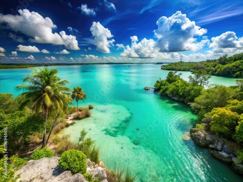 Discover Bacalar Lagoon's turquoise waters, Mayan ruins, and Caribbean paradise.  A vacation adventure awaits exploration. photo