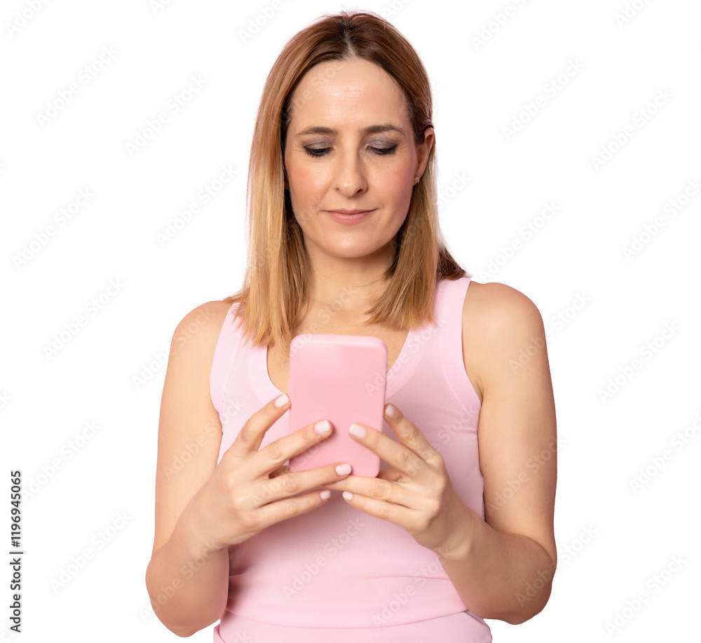 Happy young woman using smartphone standing isolated over transparent background. PNG transparent. Happy young woman using smartphone standing isolated over transparent background. PNG transparent.