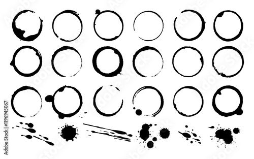 Coffee cup stains. Dark coffee spill frame. Abstract tea mug circle mark. Splashes, drops and spots. Messy coffee beverage ring, black rounded grunge stamps. Vector set