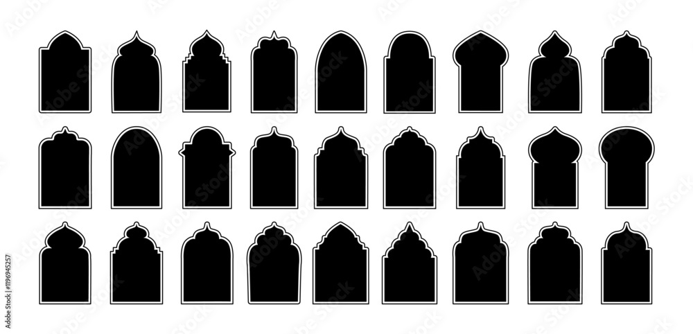 Obraz premium Arabic frame. Islamic arches, doors and windows. Arabian architecture elements. Geometric patterns, arabesque designs. Oriental Ramadan Mubarak border frames. Vector set