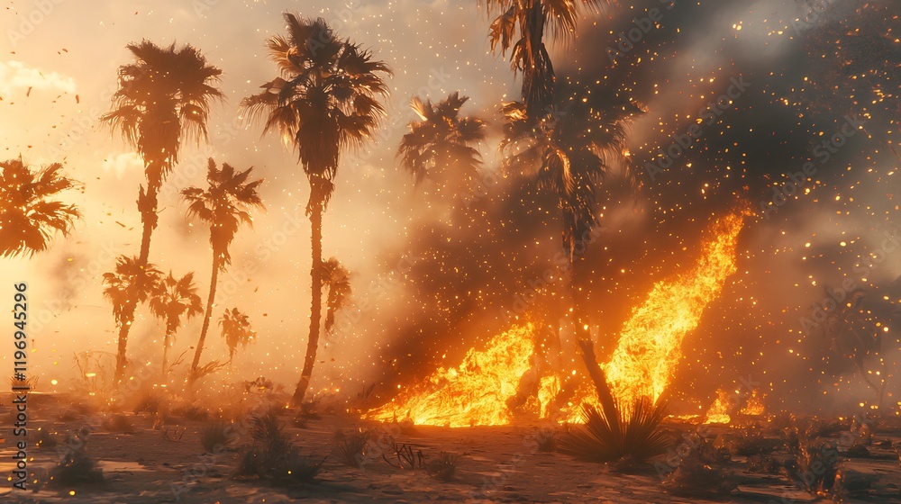 Catastrophic wildfire engulfs tropical landscape dramatic scene nature sunset destruction and resilience Catastrophic wildfire engulfs tropical landscape dramatic scene nature sunset destruction and resilience
