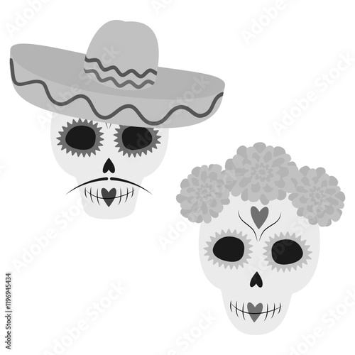 Patterned Male and Female Skull in sombrero and floral wreath Day of the dead Cute character Set 2