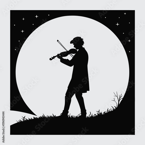 A man playing the violin at mid night image silhouette vector art and illustration