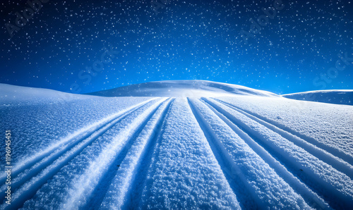 Serene winter landscape showcasing perfectly groomed cross-country ski tracks across a snow-covered field under a vibrant blue sky sprinkled with snowflakes.