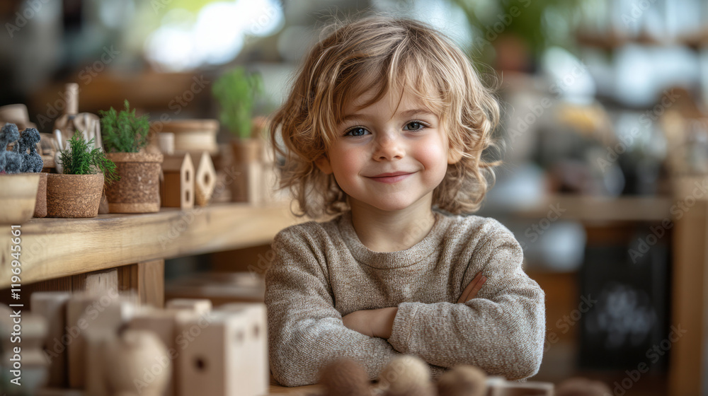 A Montessori-inspired learning environment with children exploring educational toys and materials independently, encouraging self-directed learning,