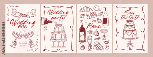 Hand drawn wedding invitation. Save the date card. Sketch line elegant elements. Celebration cards. Menu, wine, glass. Dolce vita vector postcards, social media, poster