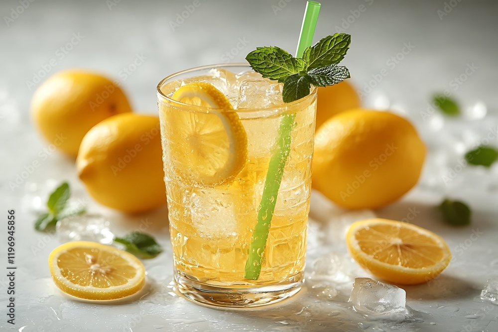 Fototapeta premium Fresh lemonade with crushed ice and lemon.