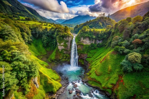 Ecuadorian Andes: Sangay Waterfall's cascading beauty, captured from a high-altitude drone.