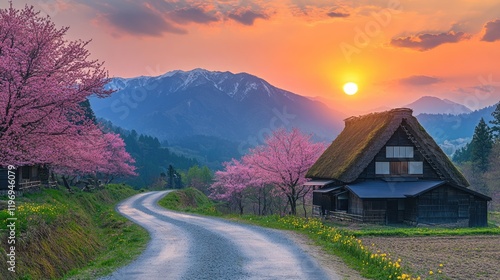 Old traditional Japanese Shirakawa-go village style on the way to Mount Fuji, Japan with blooming pink cherry blossom.