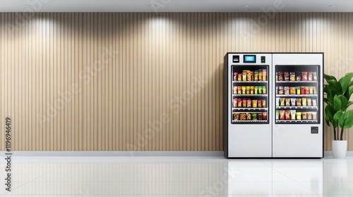 A modern vending machine filled with snacks and drinks in a minimalist interior space.