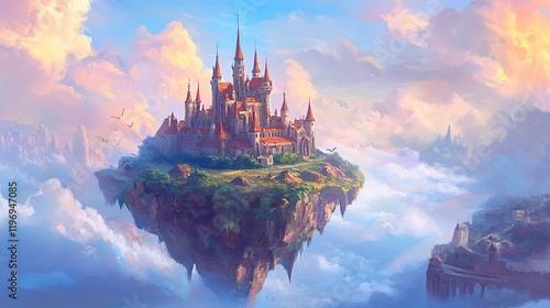 Majestic castle on a floating island in the clouds at sunset. photo