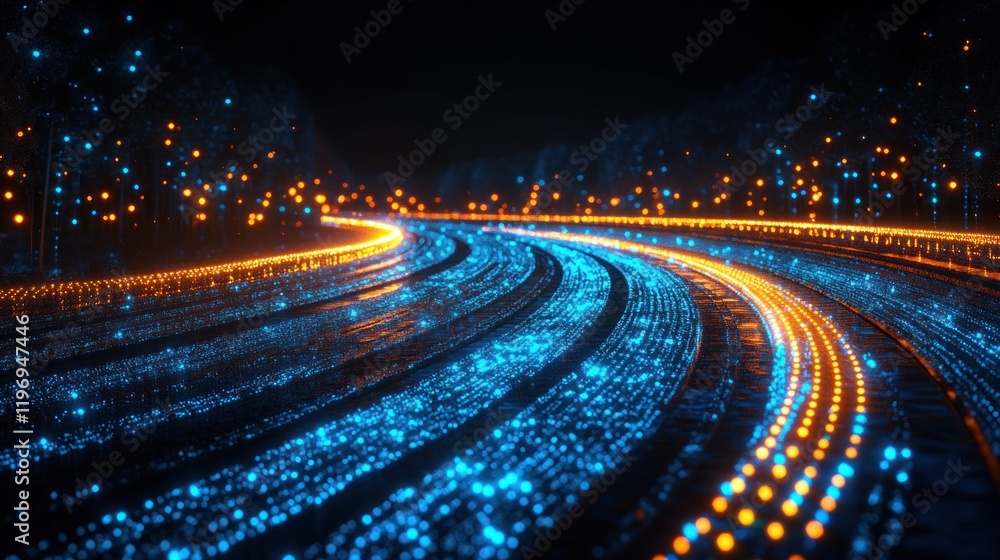 Glowing road curves through digital forest Glowing road curves through digital forest