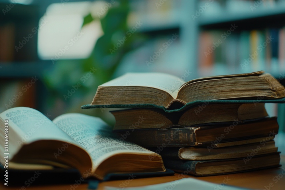 A pile of books placed on a wooden table, great for showcasing literary collections or bookshelves