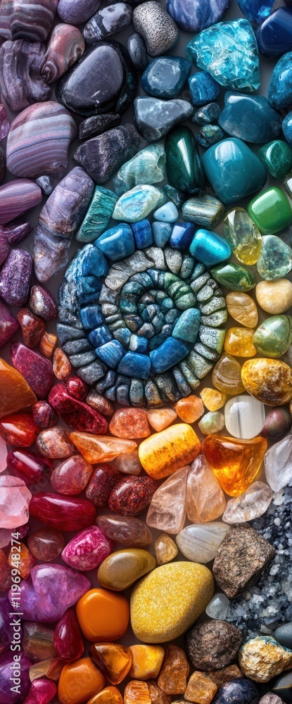 Fototapeta premium Colorful gemstone spiral mosaic, flatlay, background texture