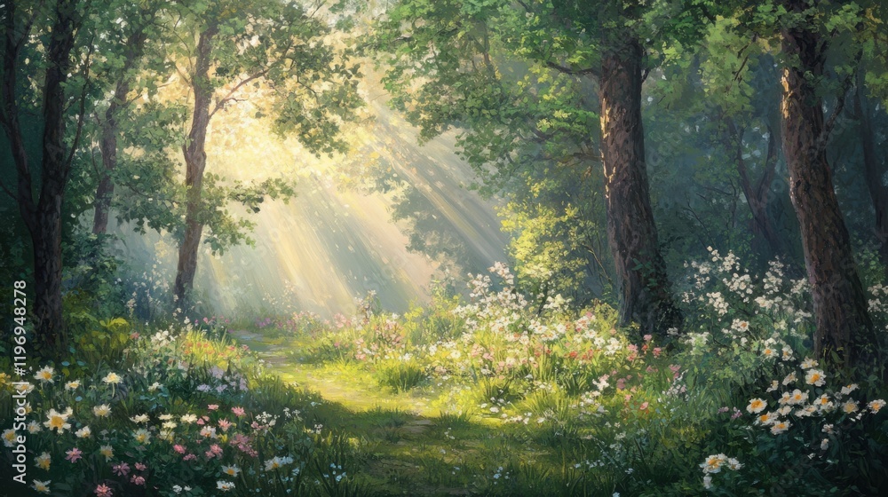 A tranquil spring forest with lush green trees, wildflowers, A tranquil spring forest with lush green trees, wildflowers,
