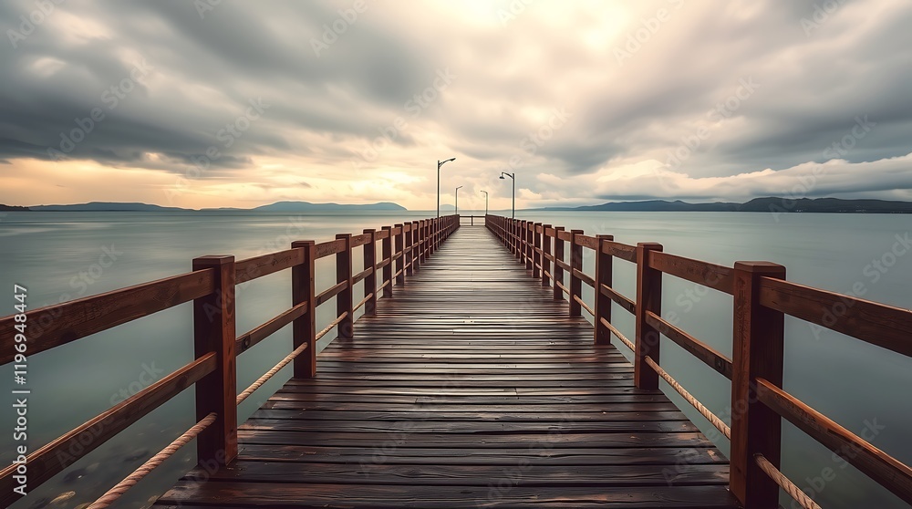 Serene wooden pier extending into calm sea under dramatic sky. Serene wooden pier extending into calm sea under dramatic sky.