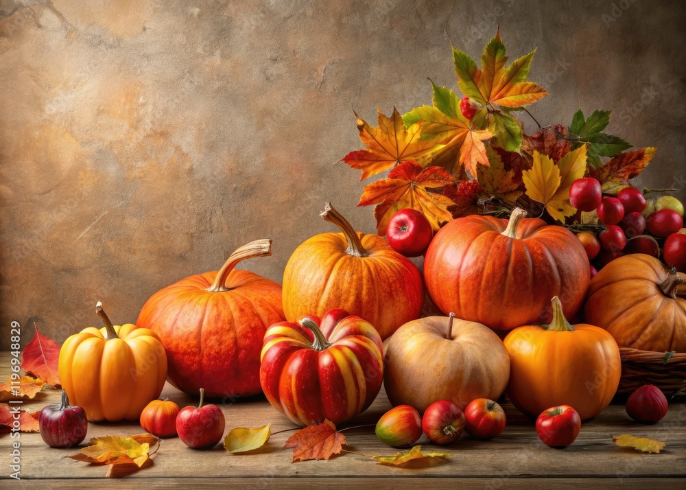 Golden apples, vibrant oranges, and fiery fall leaves overflow in an autumn harvest abundance. Golden apples, vibrant oranges, and fiery fall leaves overflow in an autumn harvest abundance.