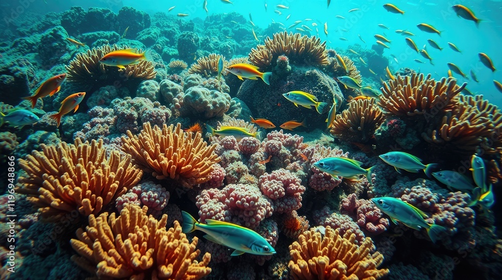 underwater scene, vibrant coral reef teeming with exotic fish, bright saturated colors, energetic movement underwater scene, vibrant coral reef teeming with exotic fish, bright saturated colors, energetic movement