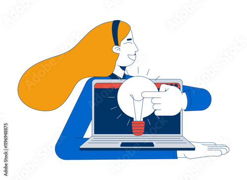 Employee generating new idea at work 2D illustration concept. Workplace inspiration. Woman presenting laptop with lightbulb cartoon character isolated on white. Metaphor abstract flat vector graphic