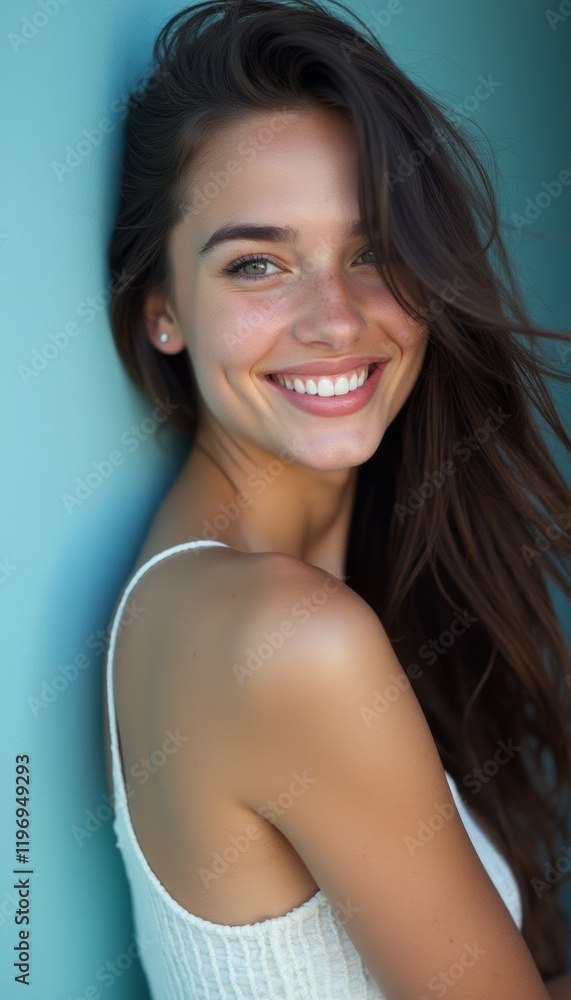 A beautiful young woman with long, flowing hair smiles brightly, showcasing her radiant skin and joyful spirit. The turquoise backdrop enhances her natural beauty, creating a lively and uplifting A beautiful young woman with long, flowing hair smiles brightly, showcasing her radiant skin and joyful spirit. The turquoise backdrop enhances her natural beauty, creating a lively and uplifting