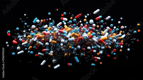 Colorful pills explode against black background (1) photo