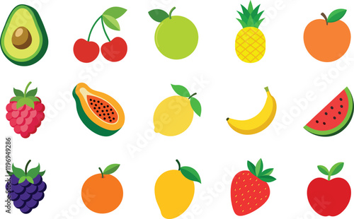 Set of  Colorful fruits Vector Illustration Natural Tropical fruits. Apple, Strawberry, Banana, Orange, Pineapple, Lemon, Blackberry, Watermelon, Peach, Raspberry, Cherry, Lime, Mango, Avocado, Papaya