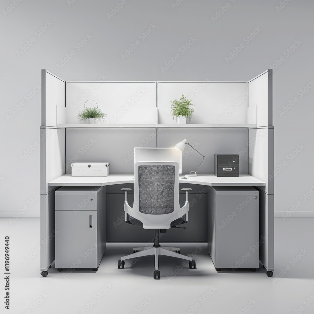 Image of a white cubicle with one desk and chair inside it Image of a white cubicle with one desk and chair inside it