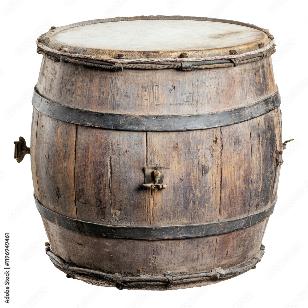 A weathered antique wooden barrel drum with rope detailing, possibly of cultural or historical significance. A weathered antique wooden barrel drum with rope detailing, possibly of cultural or historical significance.
