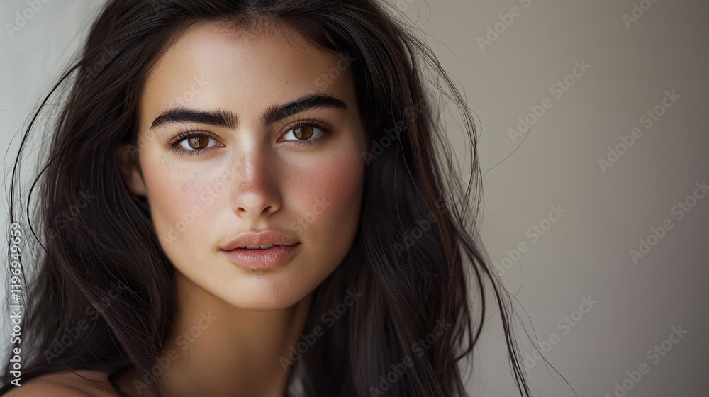 Professionelles Porträt einer jungen Frau mit ausdrucksstarken Gesichtszügen, natürlichem Make-up und weichen Wellen im braunen Haar vor neutralem Hintergrund Professionelles Porträt einer jungen Frau mit ausdrucksstarken Gesichtszügen, natürlichem Make-up und weichen Wellen im braunen Haar vor neutralem Hintergrund
