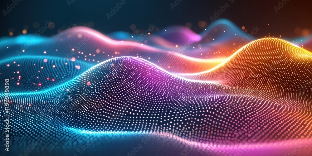 Abstract colorful data waves, digital landscape, particle background, tech design Abstract colorful data waves, digital landscape, particle background, tech design