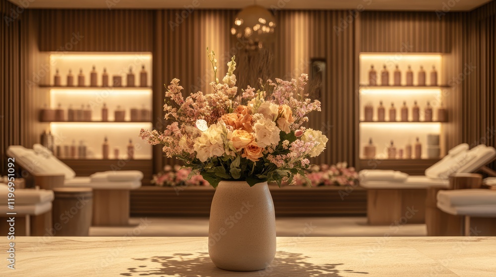 A spa reception area featuring a calming floral arrangement in a ceramic vase. A spa reception area featuring a calming floral arrangement in a ceramic vase.