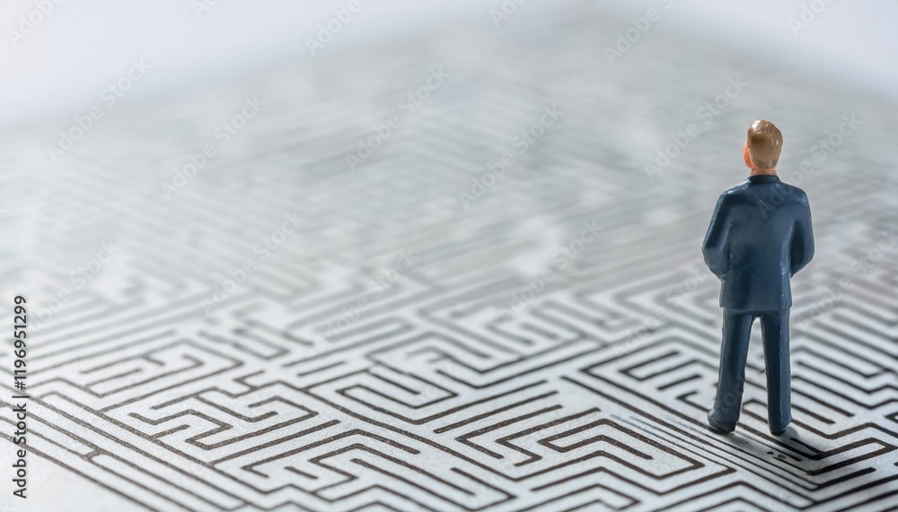 businessman stands facing a complex maze pattern, symbolizing challenges and decision-making in professional life businessman stands facing a complex maze pattern, symbolizing challenges and decision-making in professional life