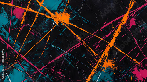 A chaotic web of intersecting lines in vibrant colors like orange, teal, and magenta, set against a textured black background for a striking and energetic abstract design 