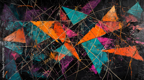 A chaotic web of intersecting lines in vibrant colors like orange, teal, and magenta, set against a textured black background for a striking and energetic abstract design 