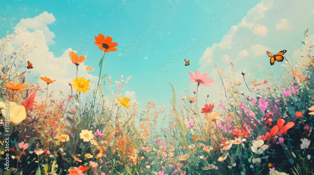 A vibrant spring garden full of blooming flowers, buzzing bees, A vibrant spring garden full of blooming flowers, buzzing bees,