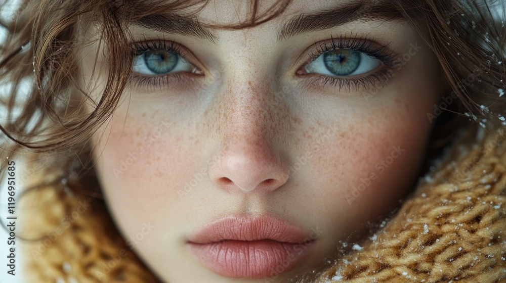A close-up shot of a woman's face with visible freckles A close-up shot of a woman's face with visible freckles