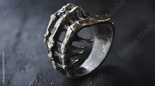 A bold and stylish metal ring, embodying heavy metal aesthetics, is worn as a striking rock-style accessory photo