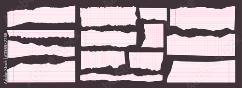 Pink Squared Lined Paper Scraps. Torn paper sheet in retro style for scrapbooking. Notebook ripped elements. Vector ripped paper edges clipart.
