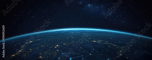 The globe is covered with luminous lines that connect the luminous dots. Concept of communication, global network, internet. 
