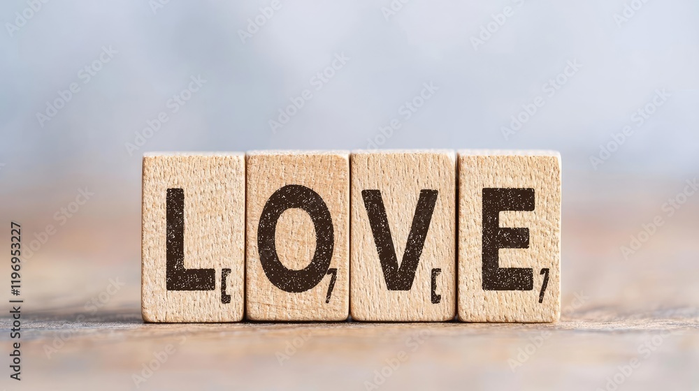 Wooden blocks spelling LOVE on table, romantic background Wooden blocks spelling LOVE on table, romantic background
