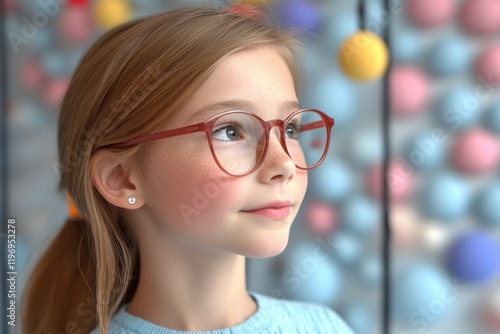 Optimistic child with glasses amid colorful balloons, ideal for children's creativity themes photo