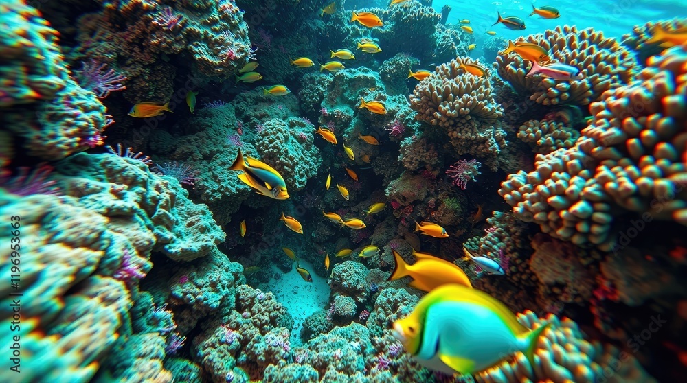 Fototapeta premium underwater scene, vibrant coral reef teeming with exotic fish, bright saturated colors, energetic movement