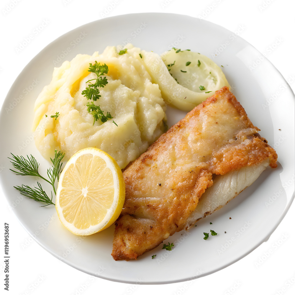plate of fish with mashed potatoes and lemon on transparent background plate of fish with mashed potatoes and lemon on transparent background