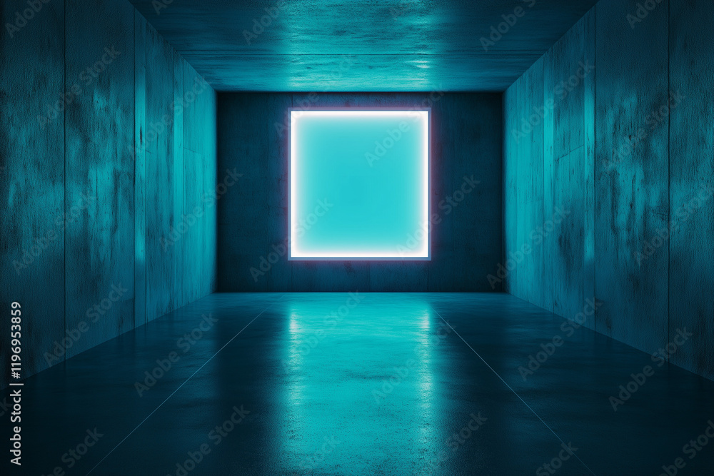 Neon blue square in futuristic concrete room with reflections on floor, empty mockup banner billboard, advertising, commerce, marketing, promotion, canvas Neon blue square in futuristic concrete room with reflections on floor, empty mockup banner billboard, advertising, commerce, marketing, promotion, canvas