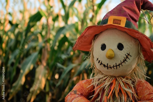 A scarecrow dressed as a scary character with a hat and a scare face, ideal for Halloween or spooky themed designs photo