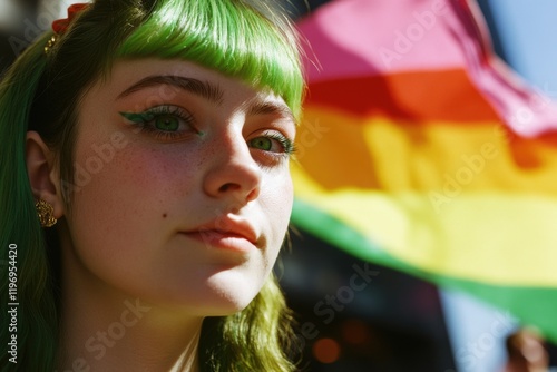 A woman with vibrant green hair holds a rainbow flag, symbolizing diversity and inclusivity photo