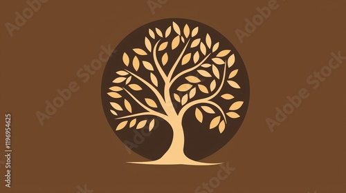 A stylized tree in a circle on a brown background.