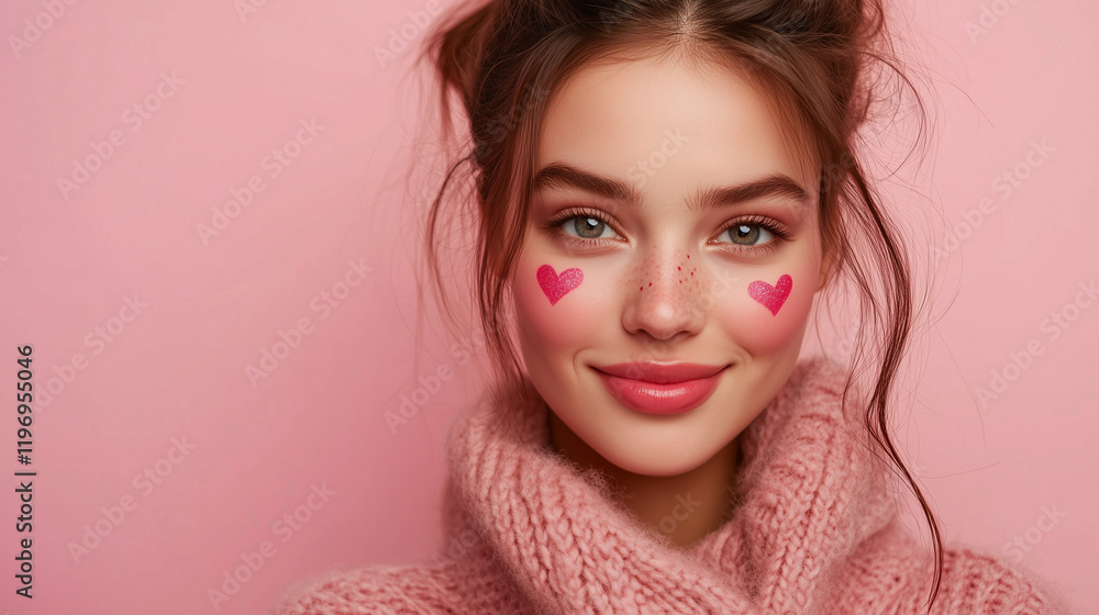 A vibrant portrait of a young woman with freckles and hearts painted on her cheeks, set against a soft pink background A vibrant portrait of a young woman with freckles and hearts painted on her cheeks, set against a soft pink background