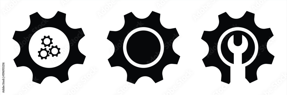Set of Three Gear Icons Representing Tools, Engineering, and Mechanic Components Set of Three Gear Icons Representing Tools, Engineering, and Mechanic Components
