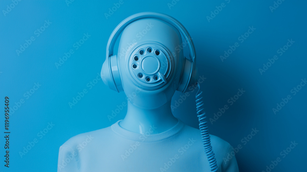 A surreal and modern image of a mannequin with a blue rotary telephone as a head on blue background. A surreal and modern image of a mannequin with a blue rotary telephone as a head on blue background.
